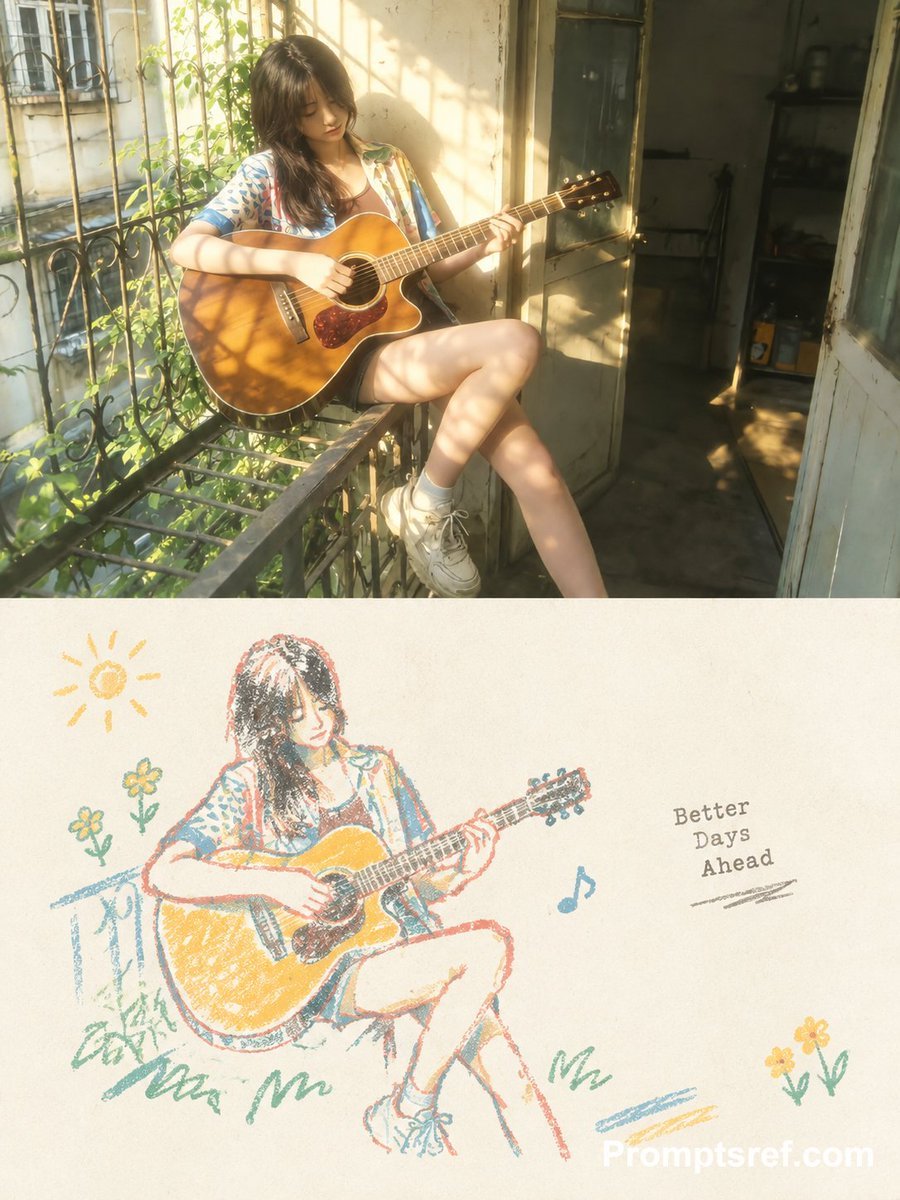 Photo to Cozy Crayon Drawing Comparison — AI image template example