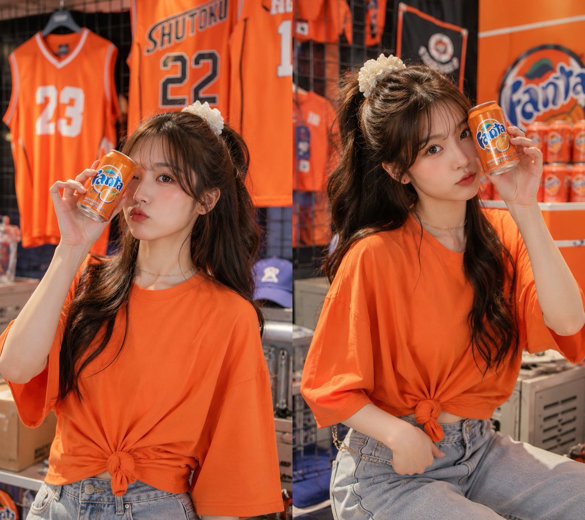 Vibrant Fashion Portrait with Orange Soda — AI image template example