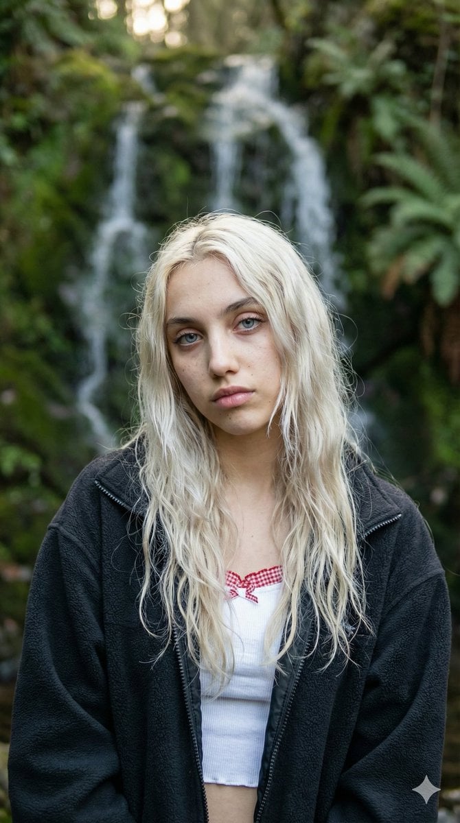 Ethereal Waterfall Selfie Portrait with Natural Imperfections