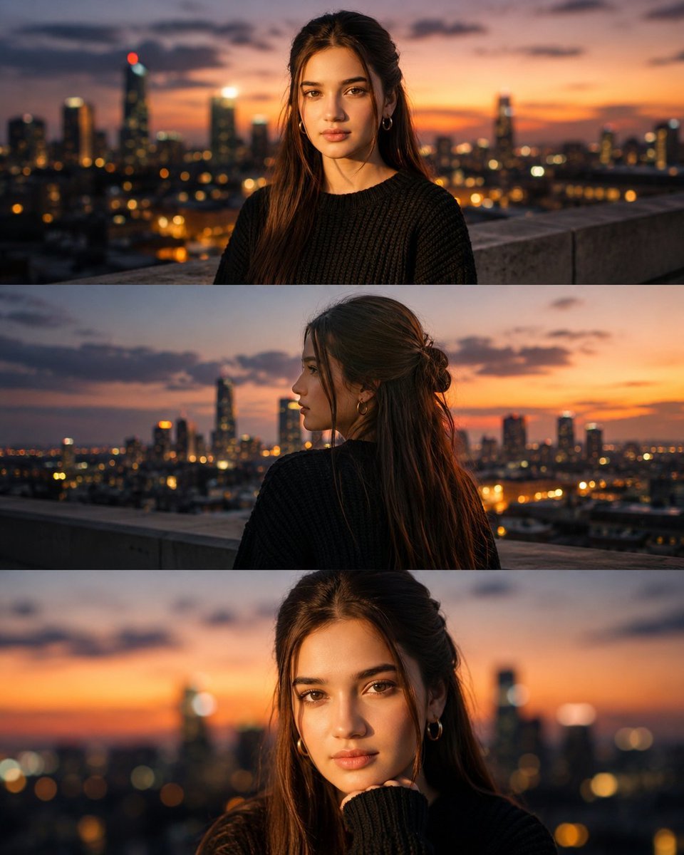 Cinematic Rooftop Blue Hour Portrait — AI image template example