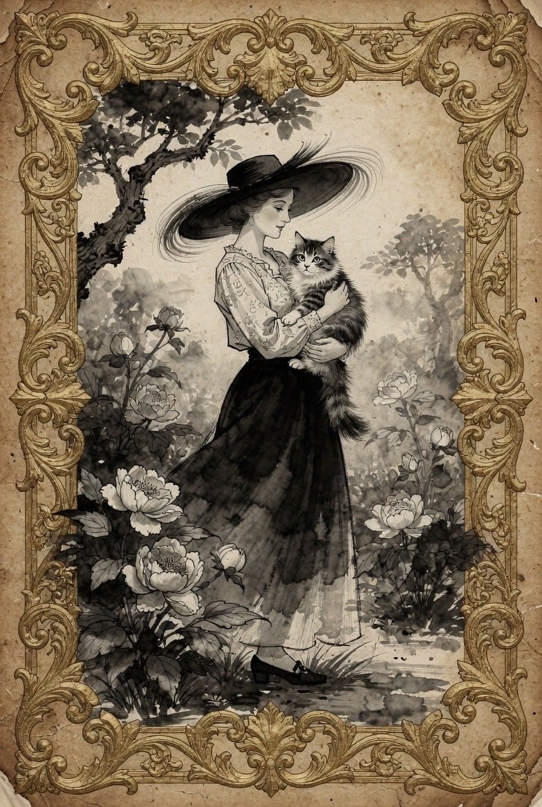 Vintage Victorian Lady with Cat Illustration