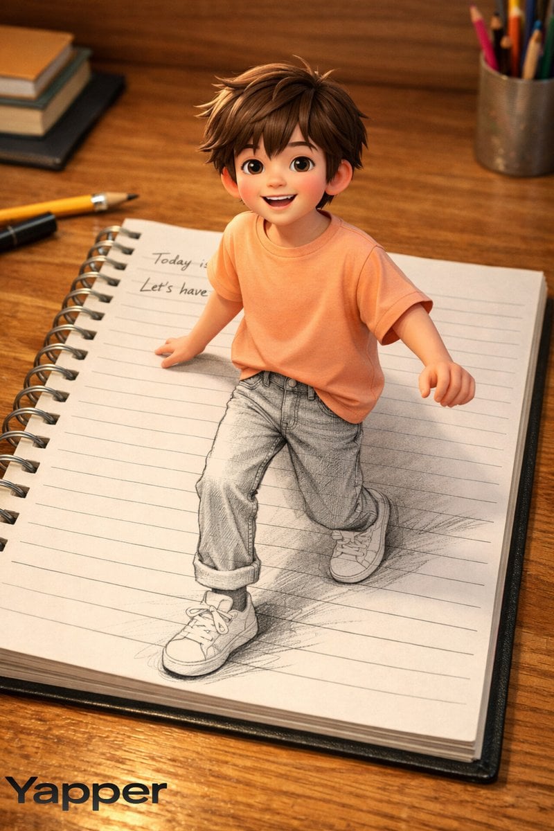 Creative 3D Illusion Artwork of a Boy Stepping Out of a Notebook