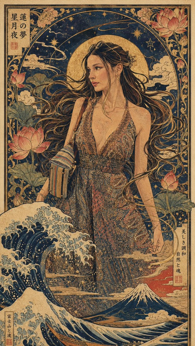 Art Nouveau & Ukiyo-e Fusion Portrait — AI image template example