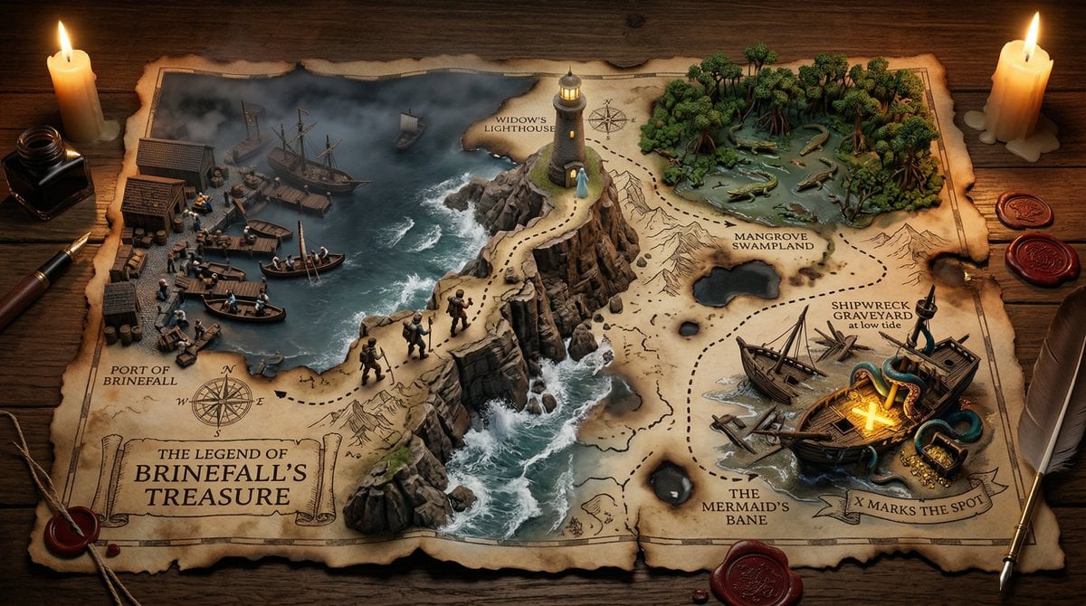 A hand-drawn treasure map on aged parchment, with the adventure erupting
