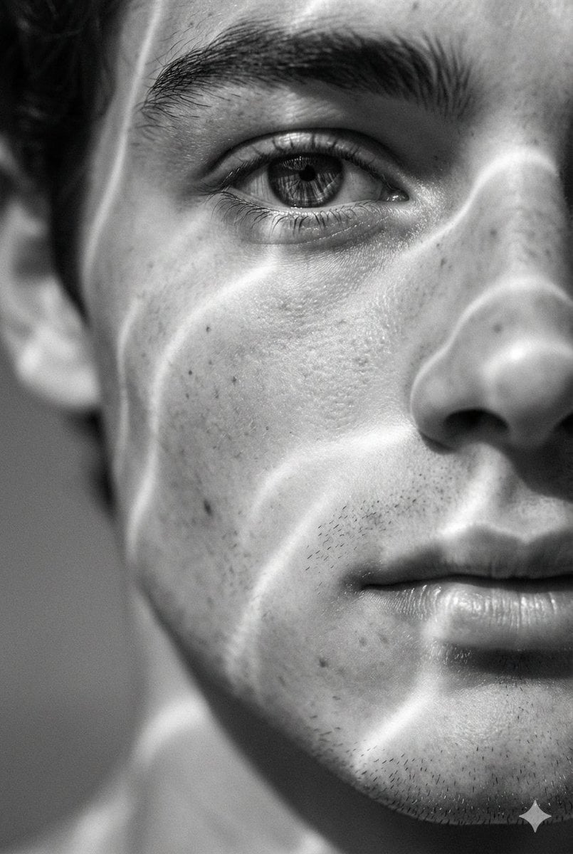 Surreal Black and White Close-Up Portrait with Luminous Lines