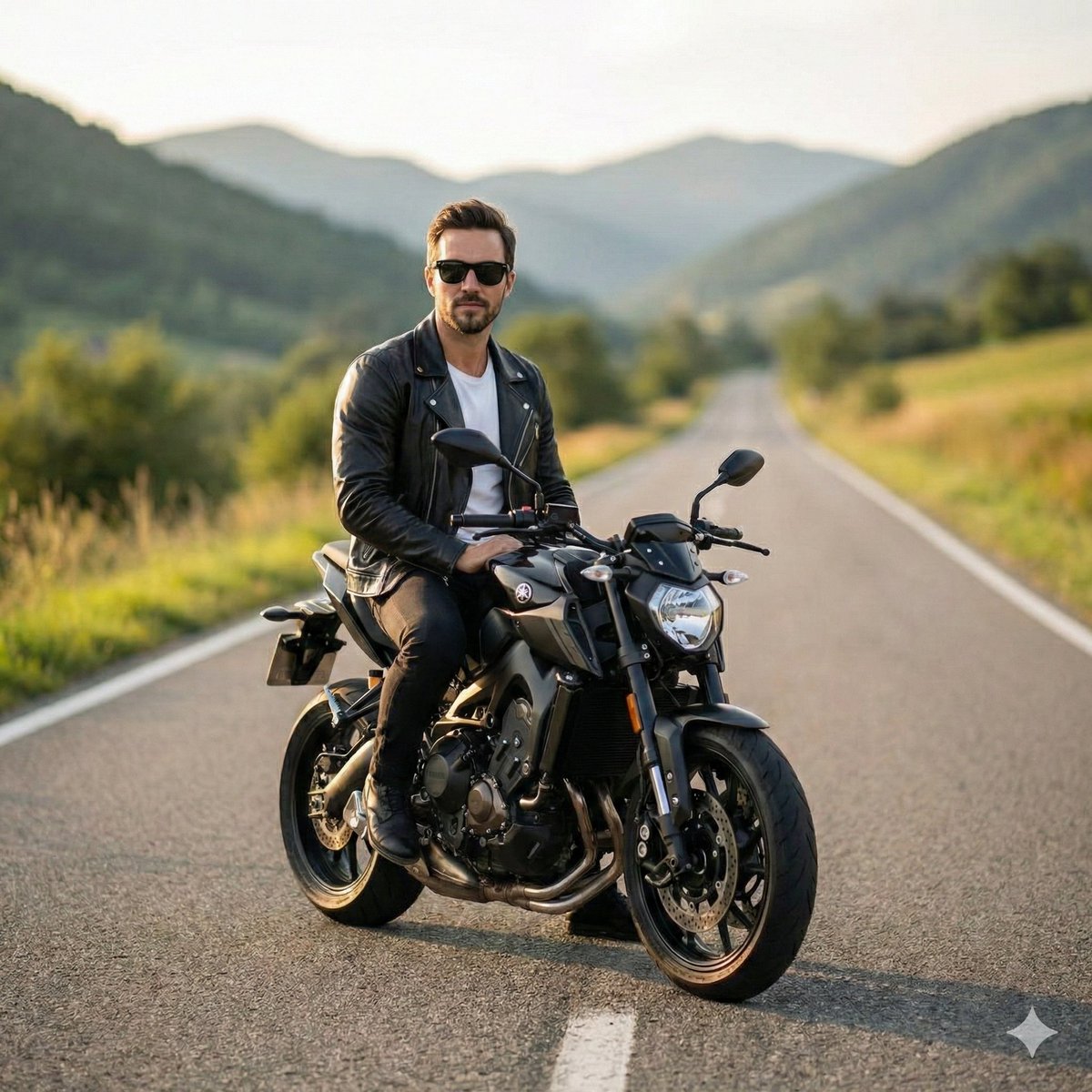 Cinematic Portrait of Man on Modern Motorbike