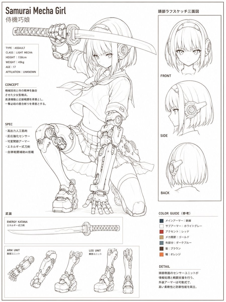 Samurai Mecha Girl Reference Sheet — AI image template example