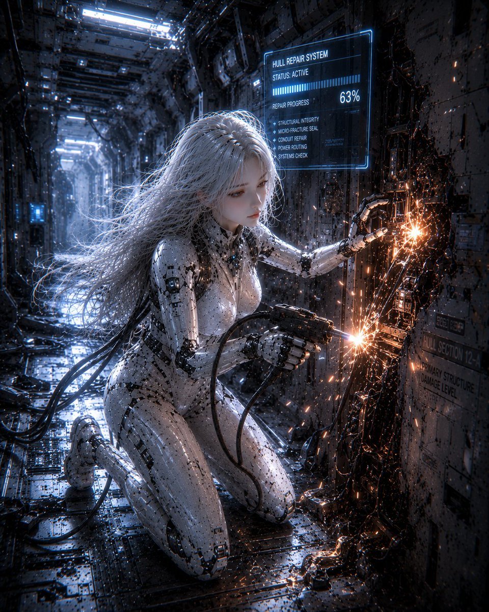 Female Android Repairing Spaceship Hull