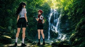 Anime Cyclists at Forest Waterfall