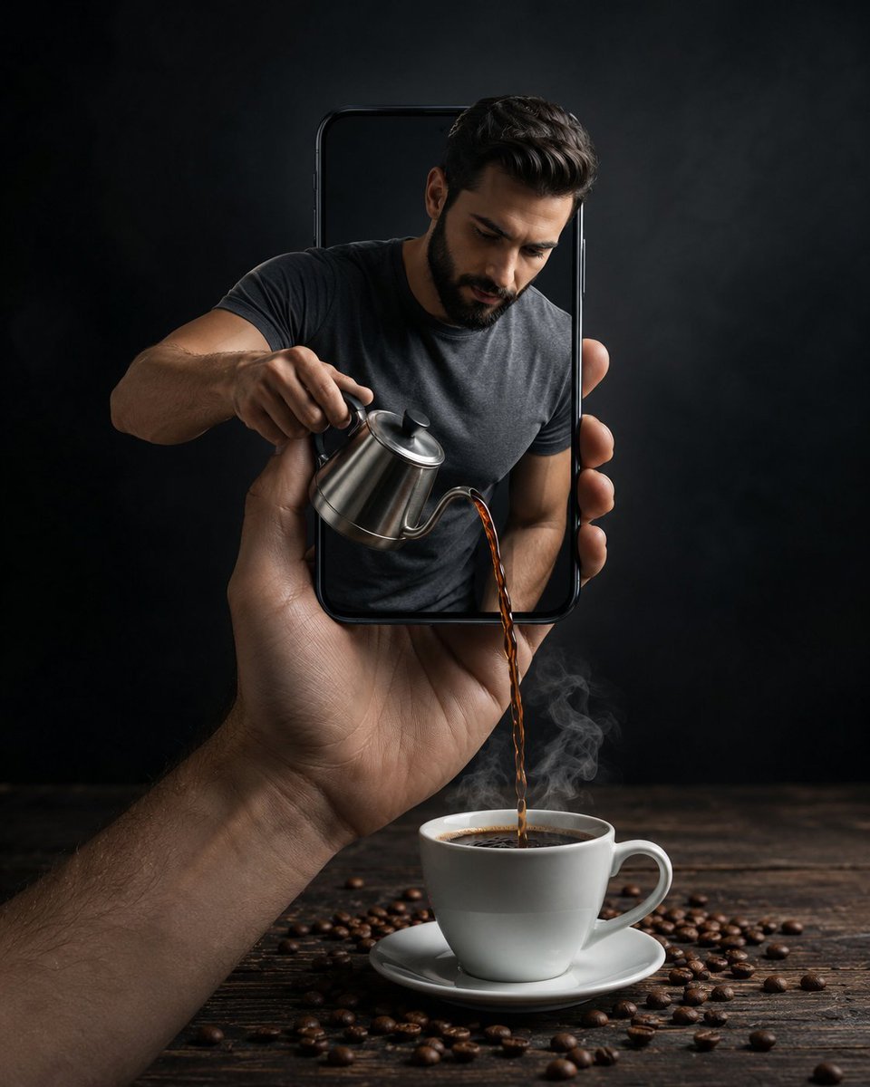 Surreal Coffee Smartphone Interaction — AI image template example