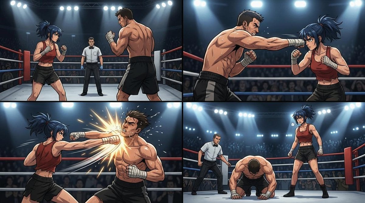 Four-Panel Anime Boxing Knockout — AI image template example