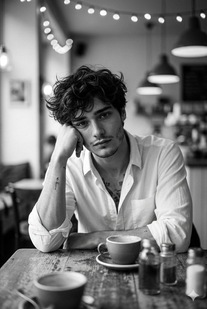 Hyper-Realistic Monochrome Cinematic Café Portrait
