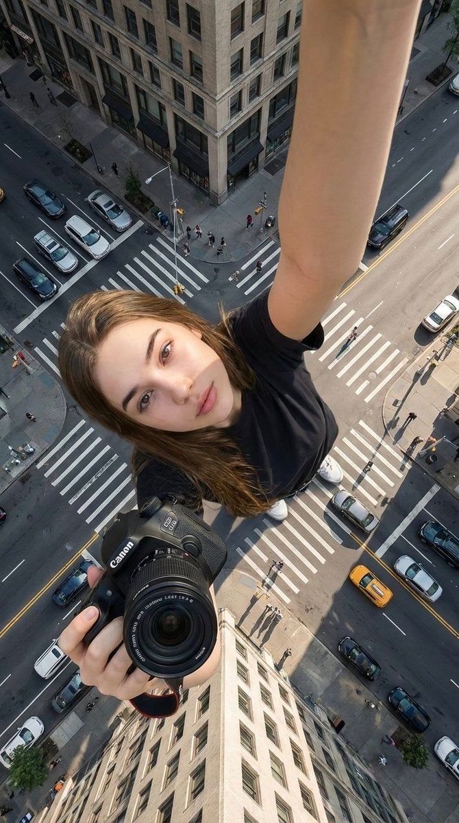 Hyper-realistic cinematic selfie image of a woman using her exact