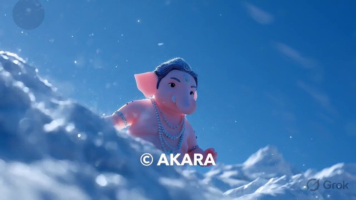 Lord Ganesha Sliding Down Snowy Slope