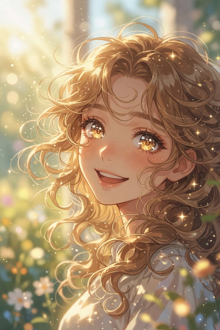 Golden Curly-Haired Anime Garden Portrait