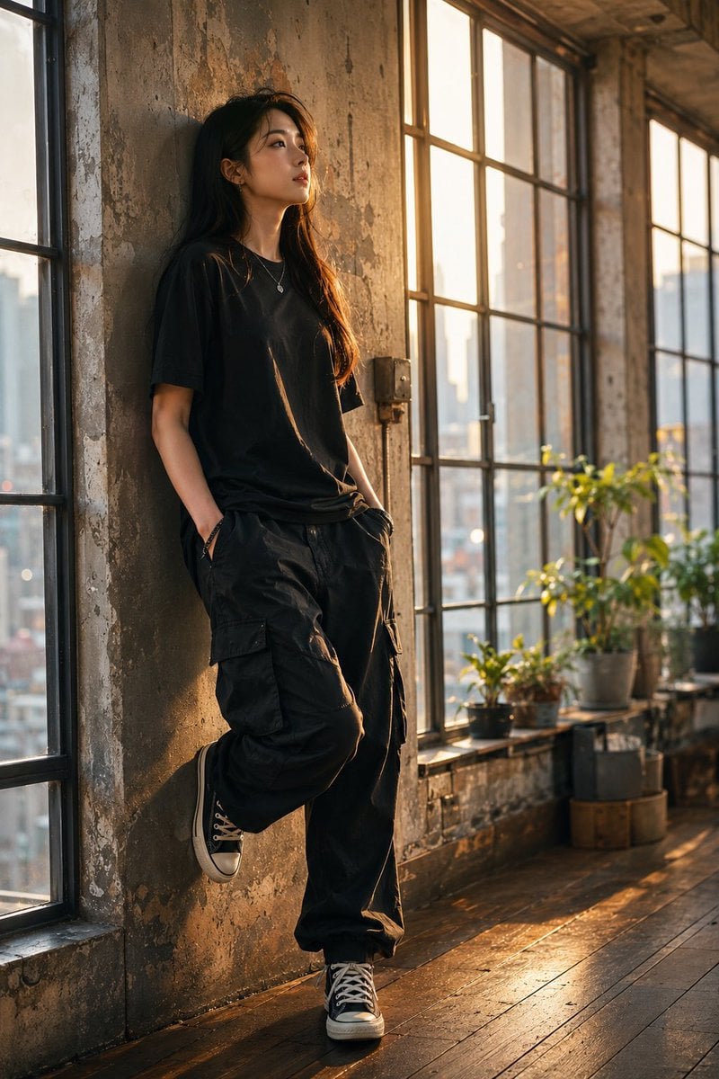 Golden Hour Industrial Loft Portrait — AI image template example