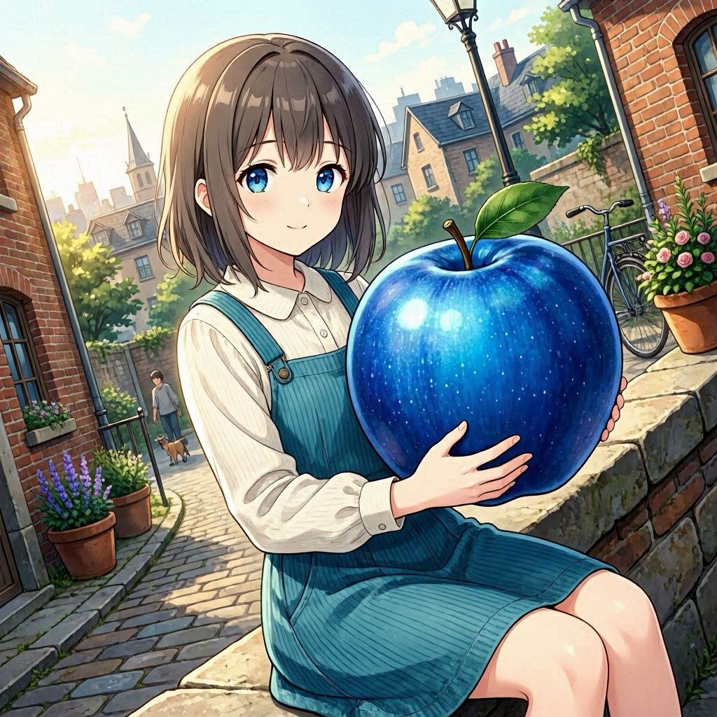 Anime Girl Holding a Blue Apple — AI image template example