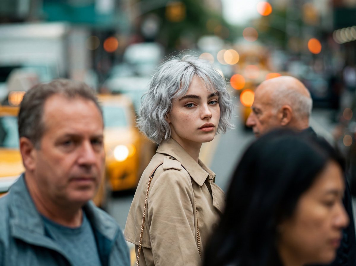 Photorealistic Candid Street-Fashion Portrait with Extreme Bokeh