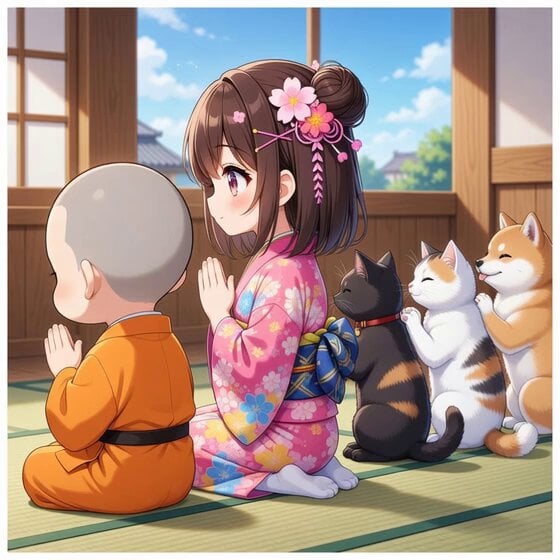 Monk, girl, cat, and dog sitting and praying