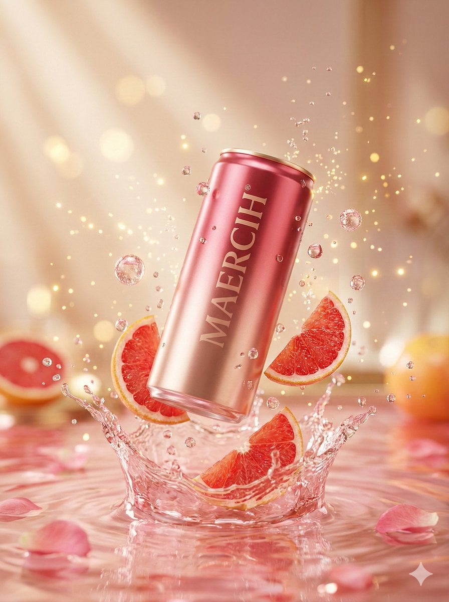 Luxury Commercial Shot of Floating Grapefruit Sparkling Can