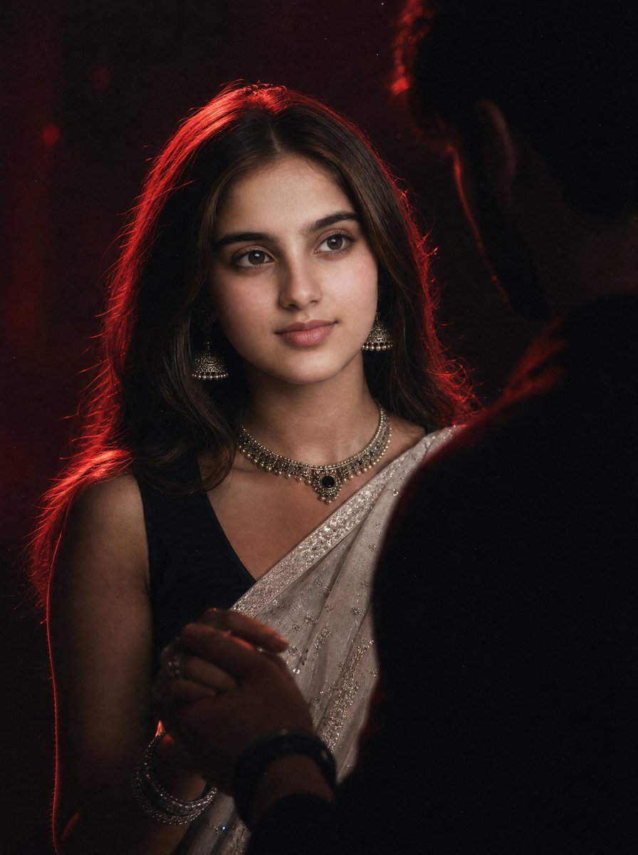 Cinematic Red Noir Saree Portrait — AI image template example