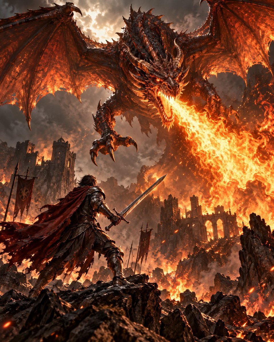 Warrior vs Fire Dragon Fantasy Art — AI image template example