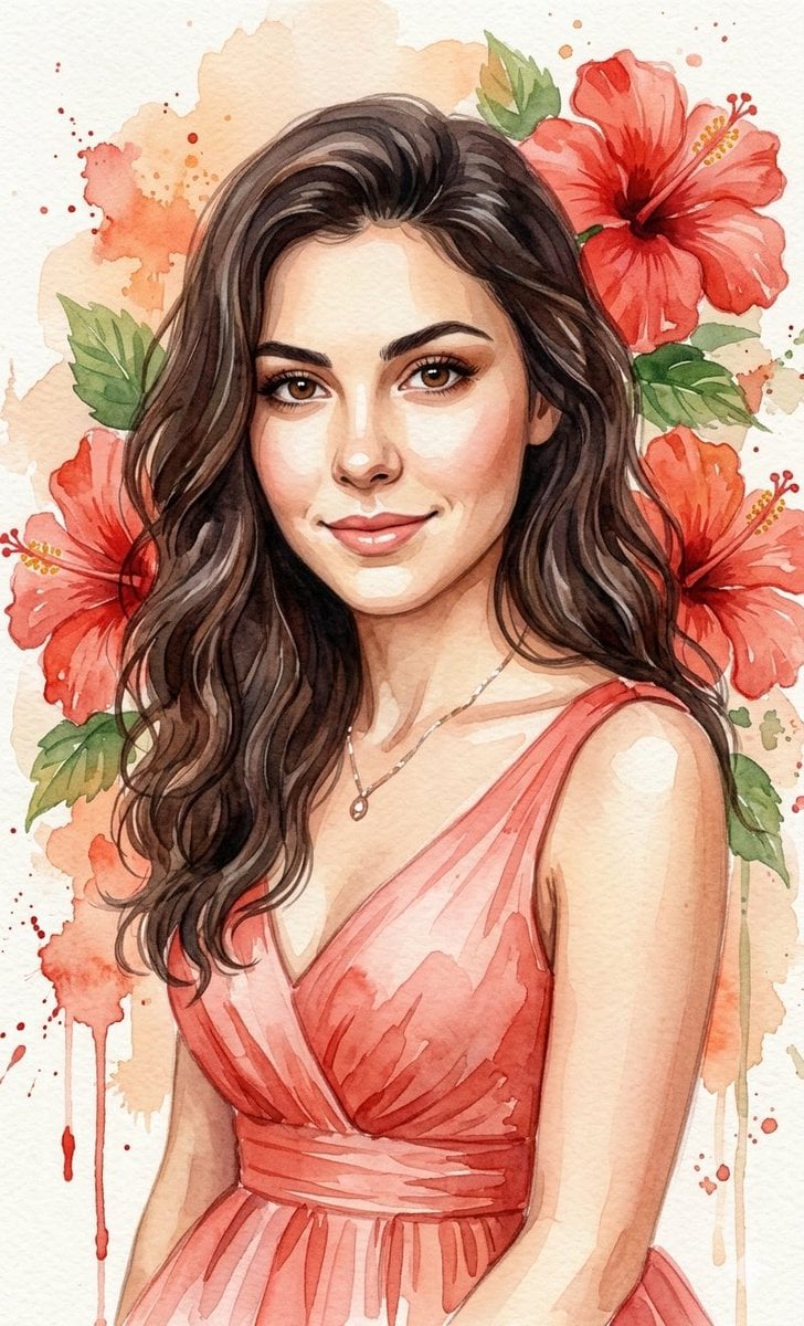 Watercolor Portrait with Hibiscus Prompt