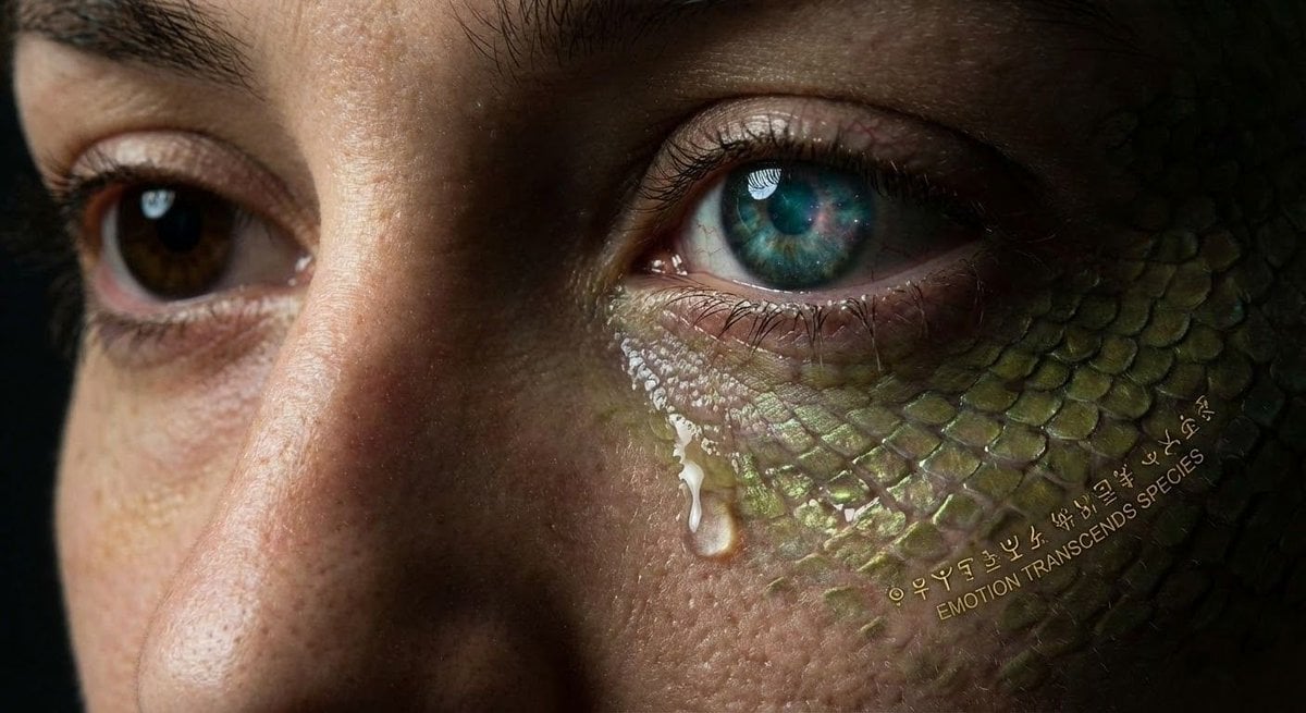 Alien-human hybrid sorrow portrait