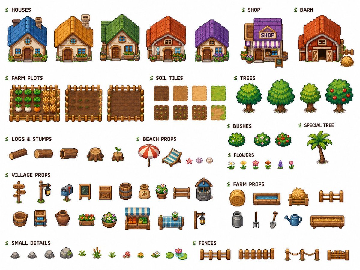 Cozy Farming Village Pixel Asset Sheet