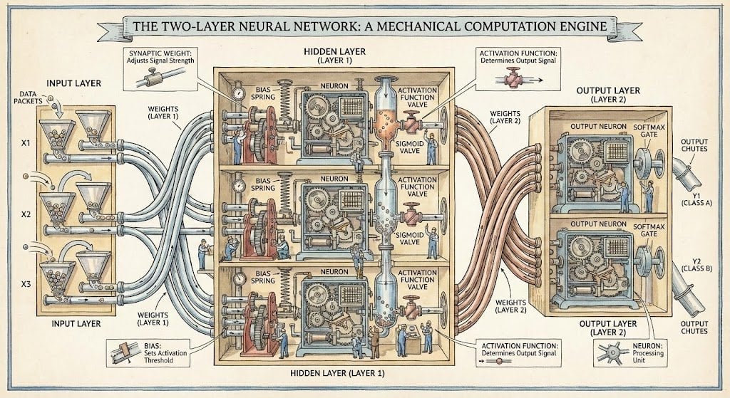 Two-layer neural network diagram in Stephen Biesty style
