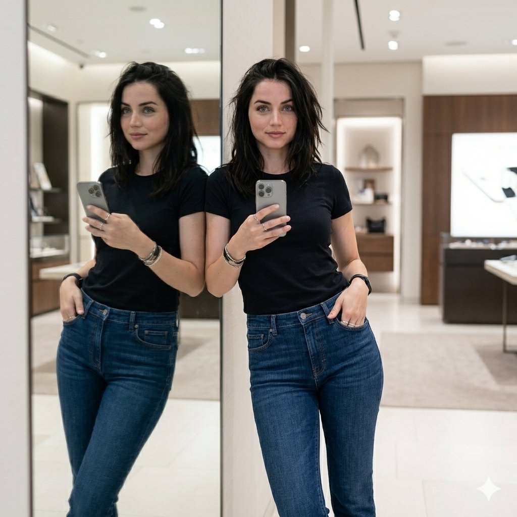 Showroom Mirror Selfie Fashion Portrait — AI image template example
