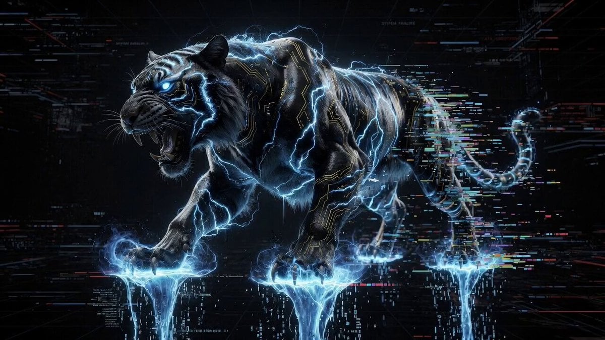 Hyper-realistic cyberpunk glitch art prompt for a massive electric tiger