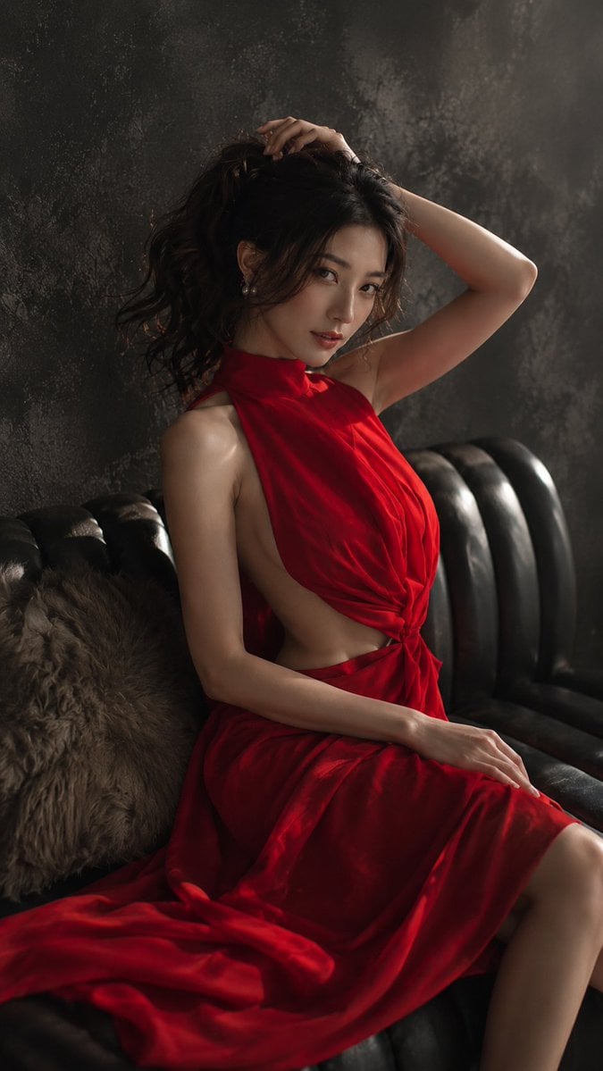 Moody Red Velvet Fashion Portrait — AI image template example