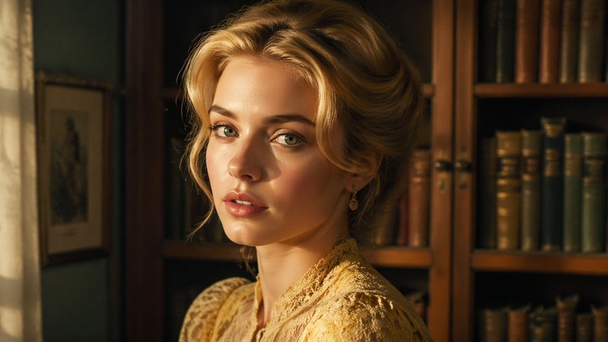 Cinematic Woman in Vintage Library