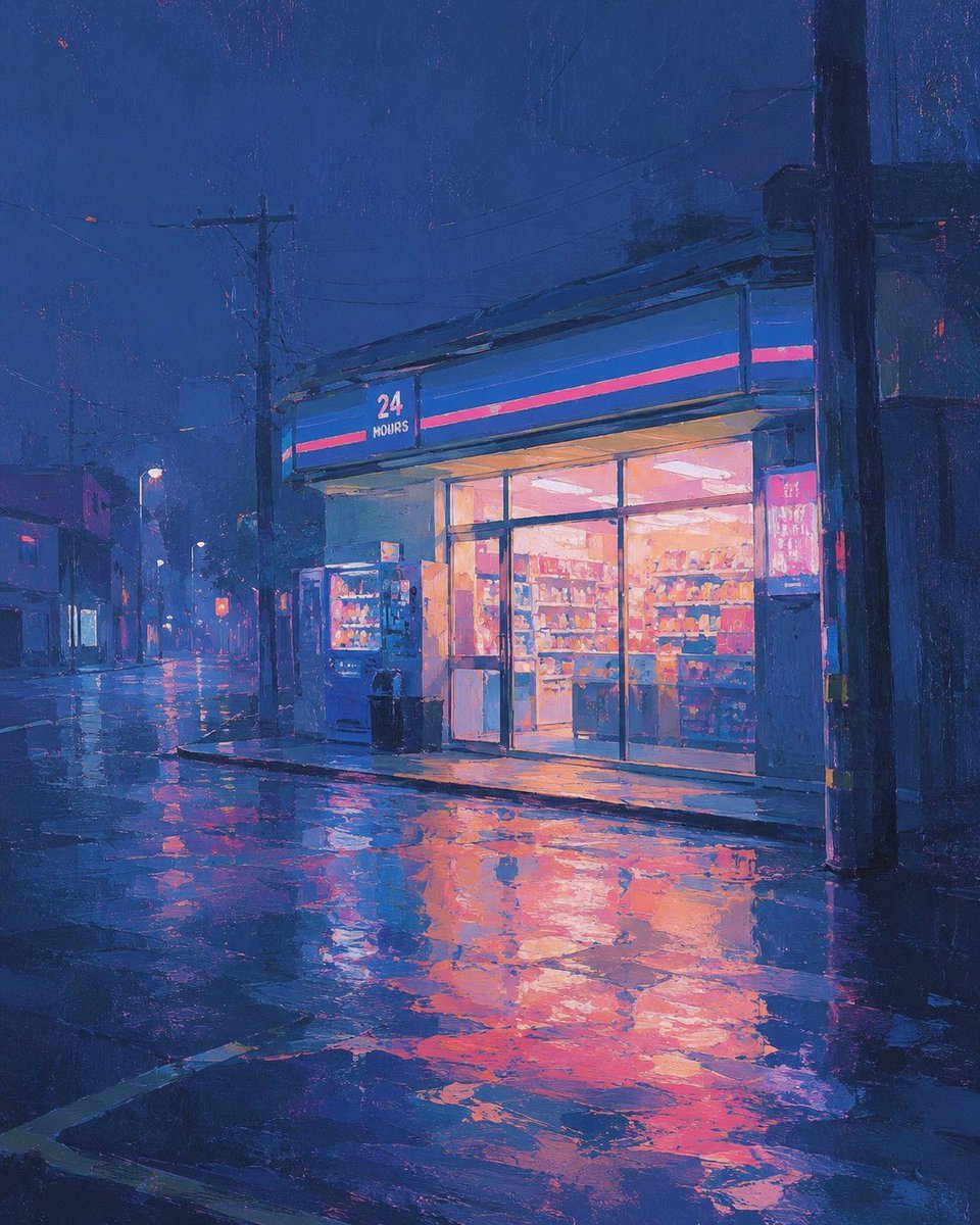 Rainy 24-Hour Convenience Store — AI image template example
