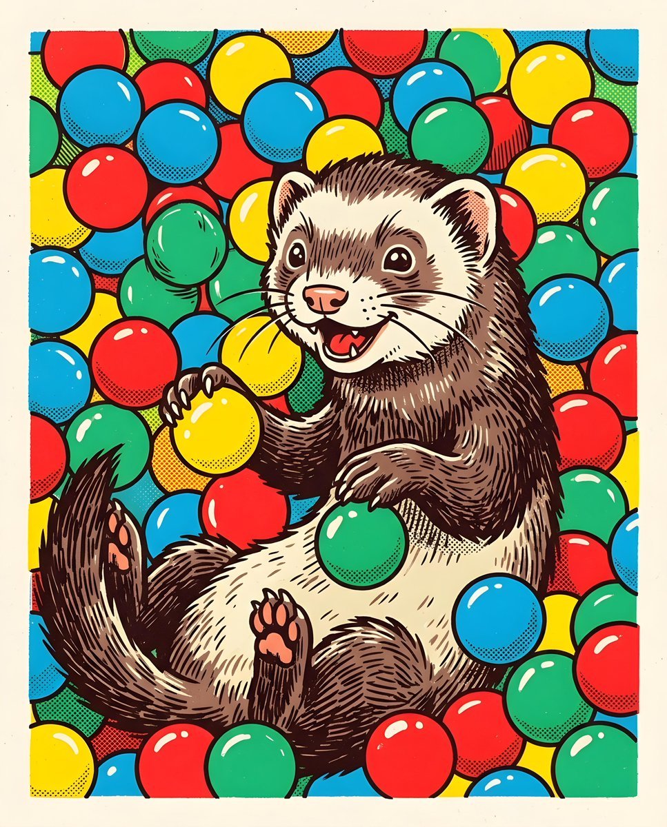 Whimsical Ferret Ball Pit Illustration — AI image template example