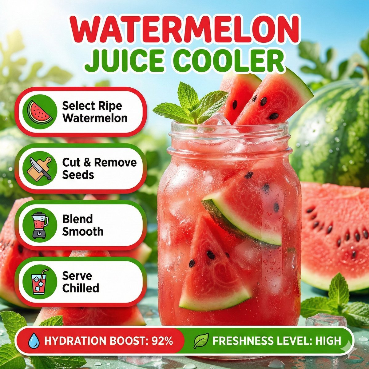 Bright summer infographic showcasing watermelon juice, icy texture