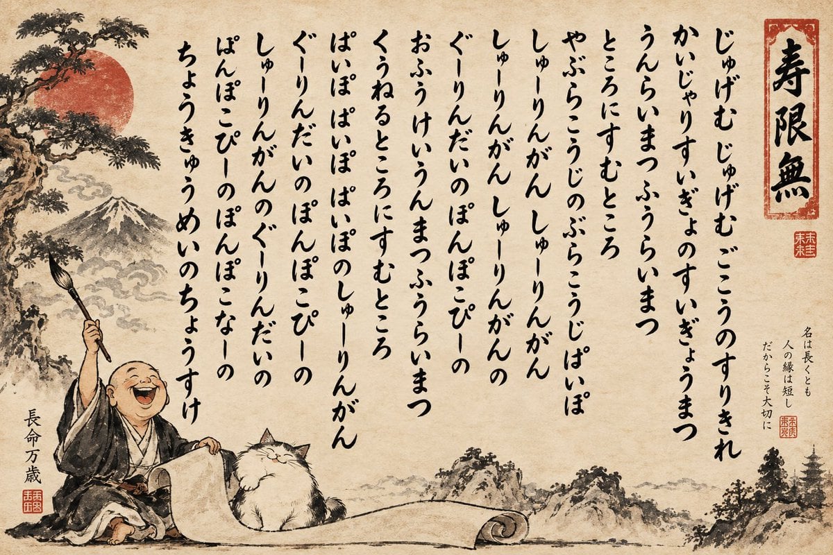 Humorous Sumi-e Jugemu Calligraphy Poster