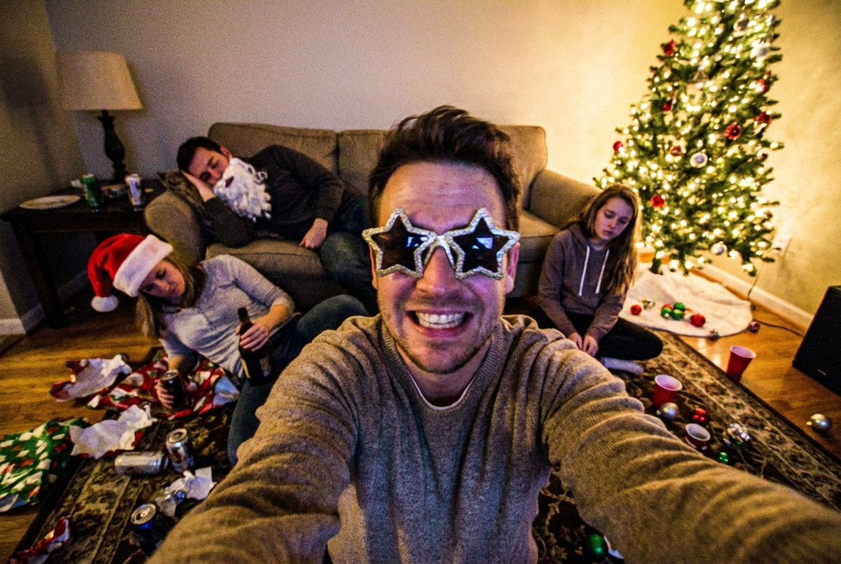 Low-Quality Chaotic Christmas After-Party Selfie