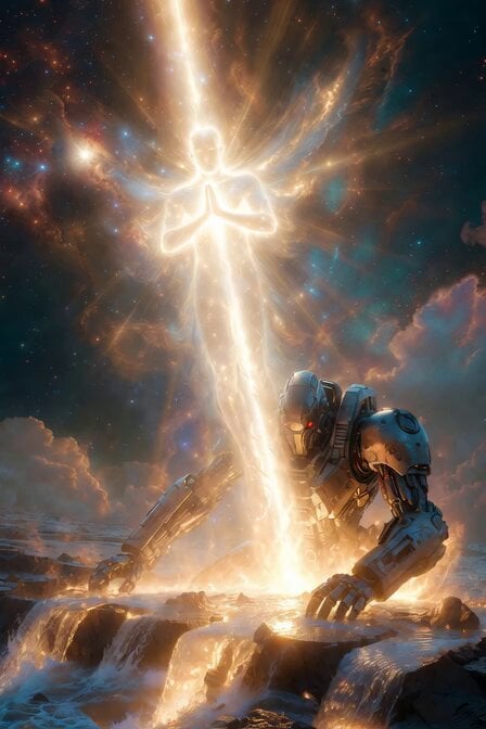 Robot Kneeling Before Light