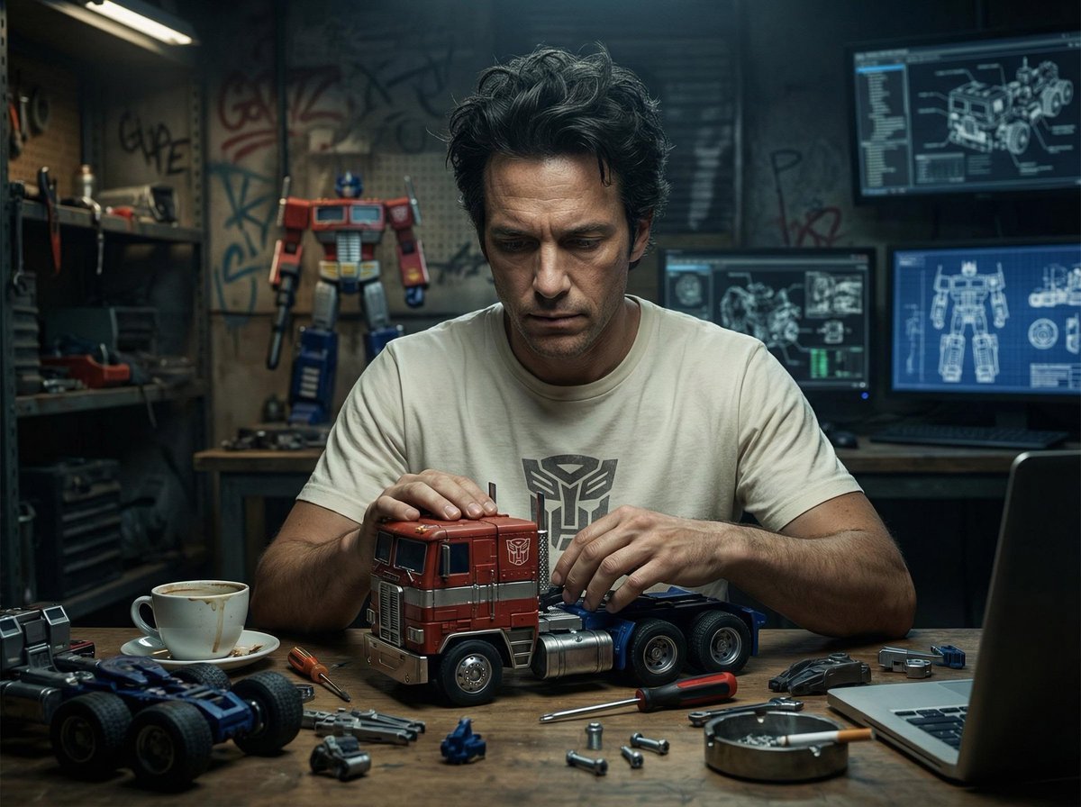 Screens displaying Optimus Prime assembly blueprints and mechanical
