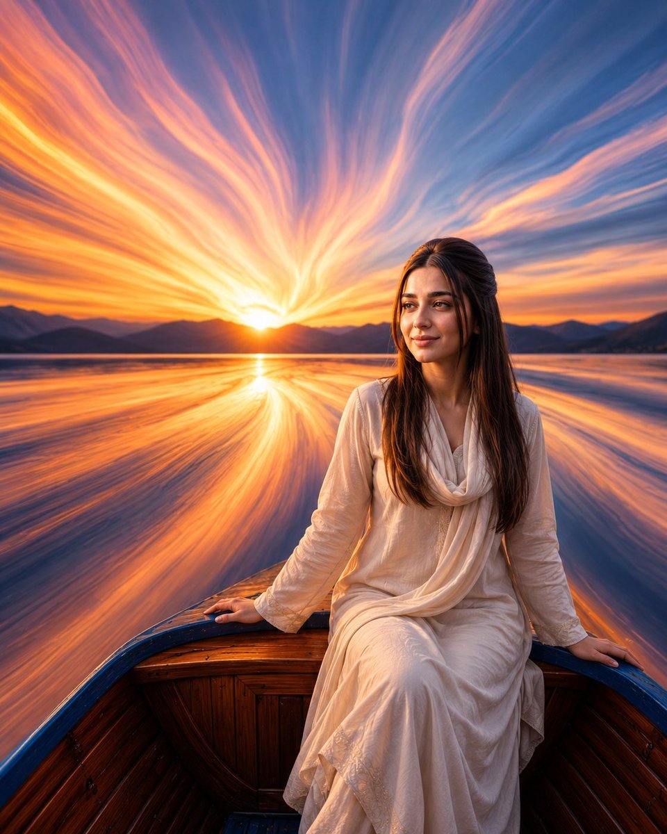 Cinematic Sunset Lake Boat Portrait — AI image template example