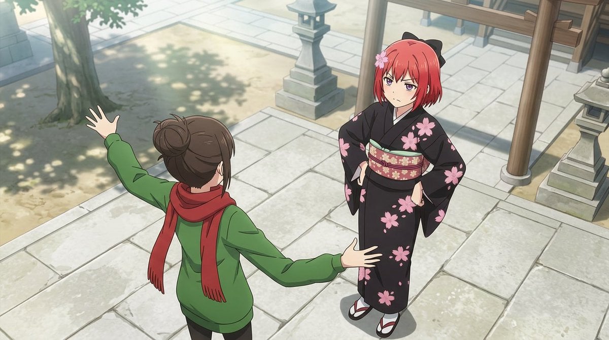 Anime Shrine Courtyard Conversation — AI image template example