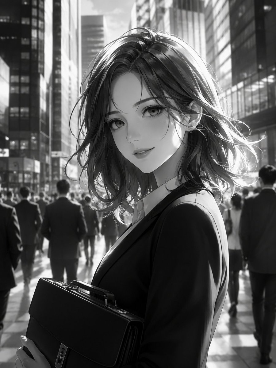 Monochrome Anime Businesswoman City Portrait — AI image template example