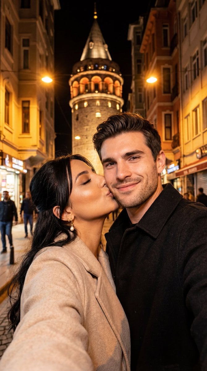 Night City Selfie Kiss Prompt (Galata Tower)