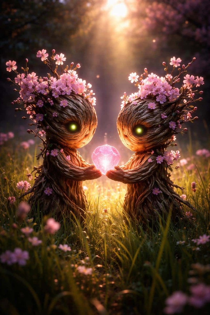 Two Blossom Tree Sprites with Crystal