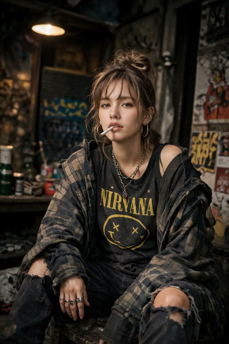 A high-detail photograph of a defiant woman posing nonchalantly