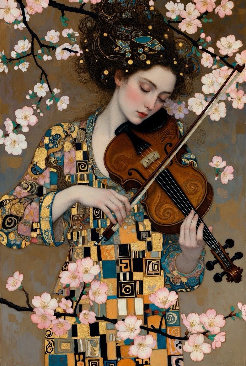 Highly Detailed Digital Painting of a Serene Woman Playing a Violin in Klimt's Golden Mosaic Style