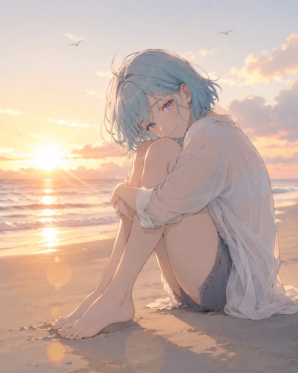Anime Woman at Sunset Beach
