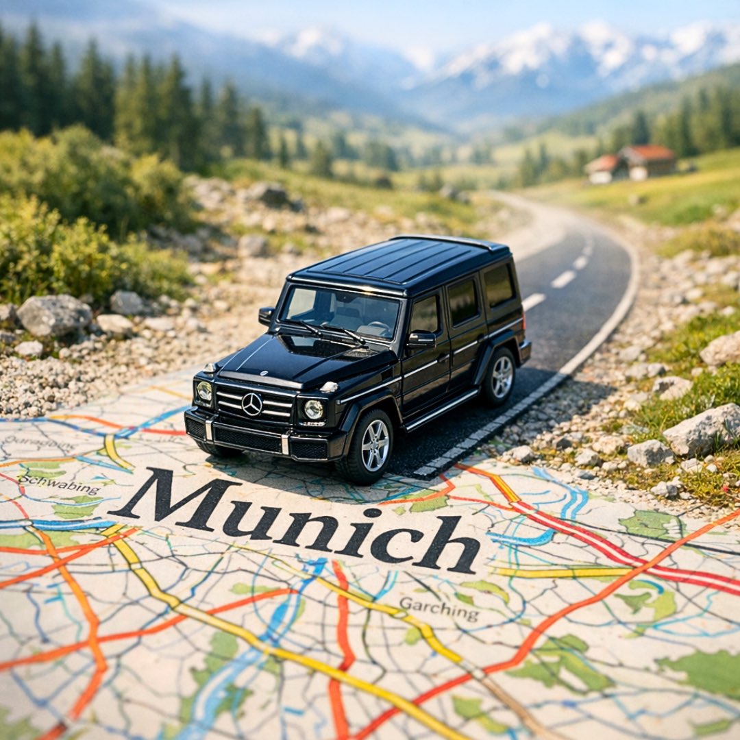 A surreal, hyper-realistic close-up scene of a miniature driving along — AI image template example